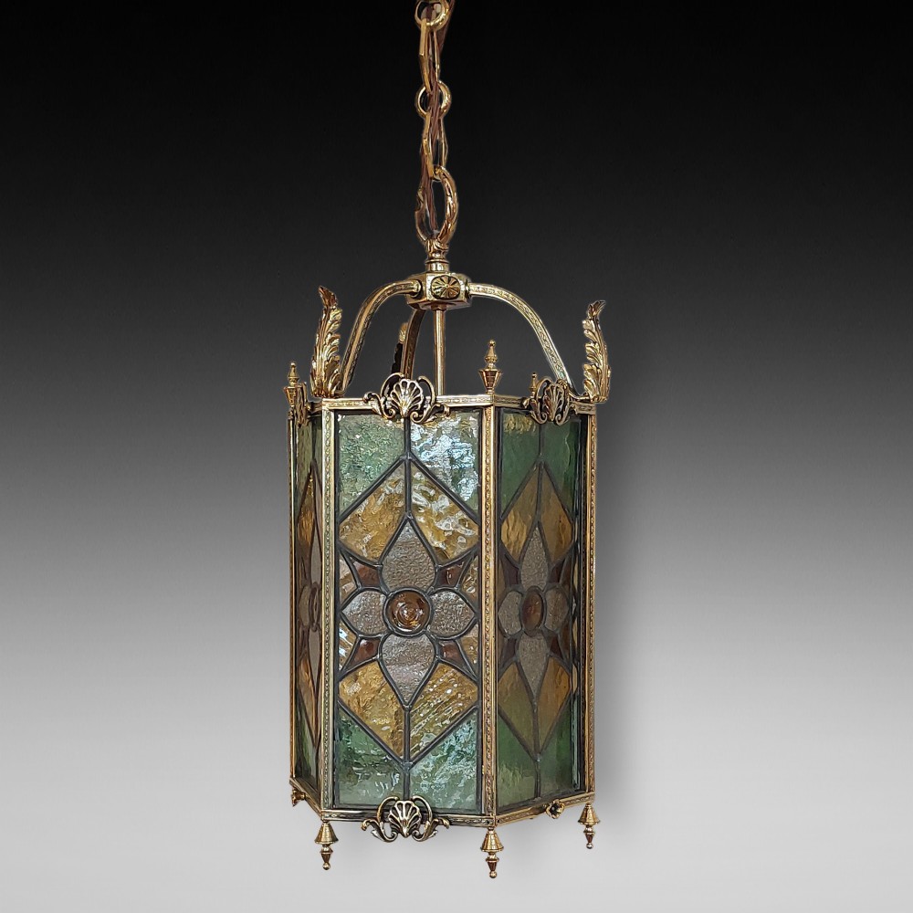 Early 20thC Brass and Leaded Stained Glass Lantern