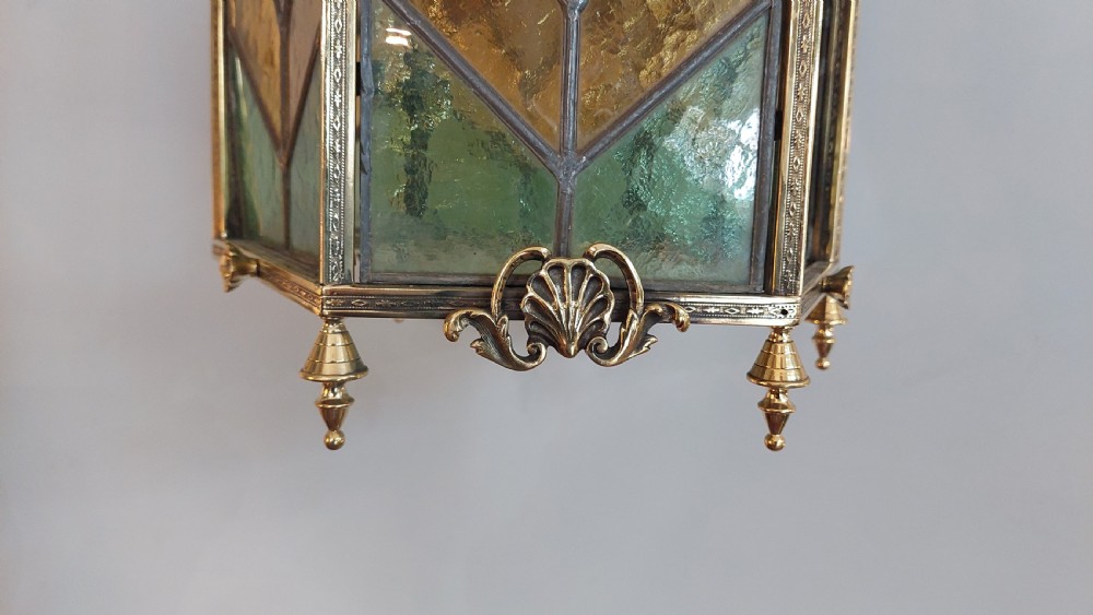 Early 20thC Brass and Leaded Stained Glass Lantern View II