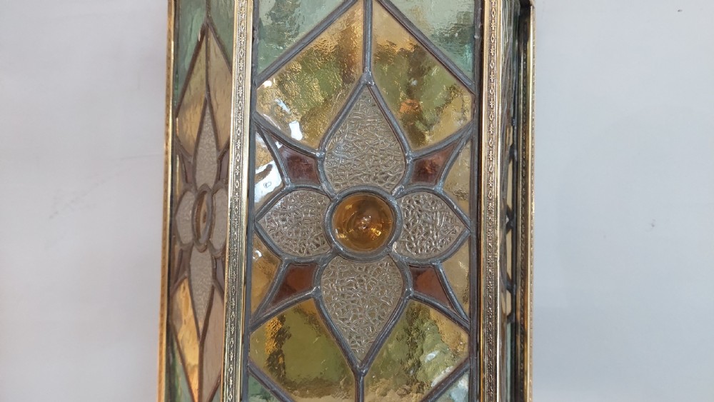 Early 20thC Brass and Leaded Stained Glass Lantern View III
