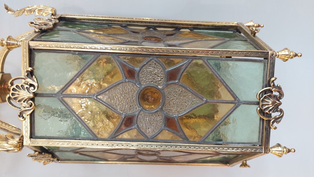 Early 20thC Brass and Leaded Stained Glass Lantern View IV