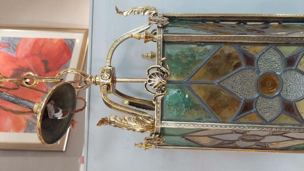 Early 20thC Brass and Leaded Stained Glass Lantern View V