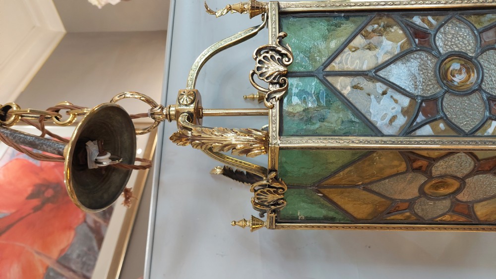 Early 20thC Brass and Leaded Stained Glass Lantern View VI