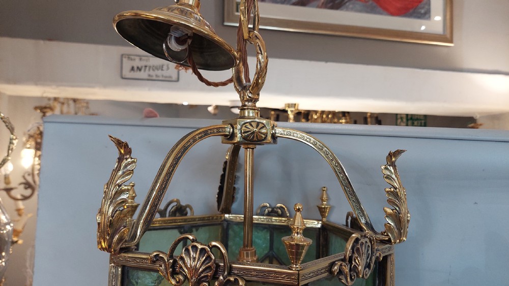 Early 20thC Brass and Leaded Stained Glass Lantern View VIII