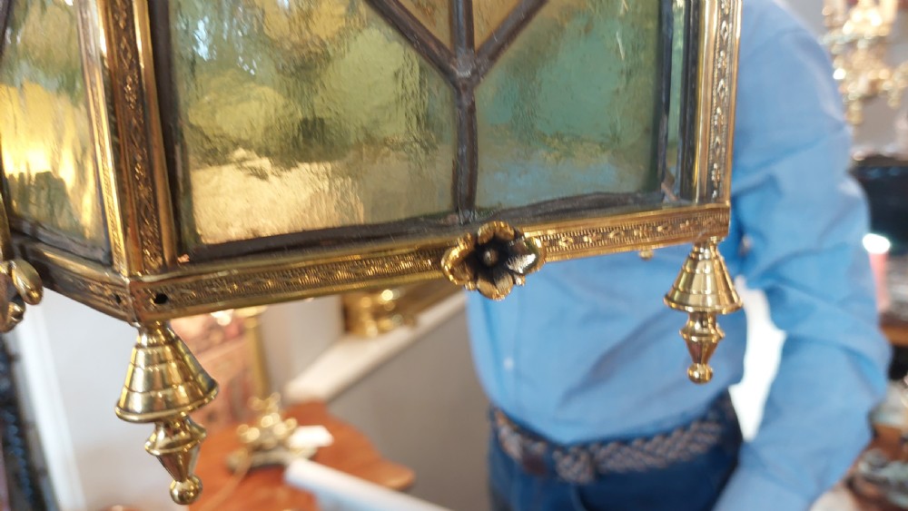 Early 20thC Brass and Leaded Stained Glass Lantern View X