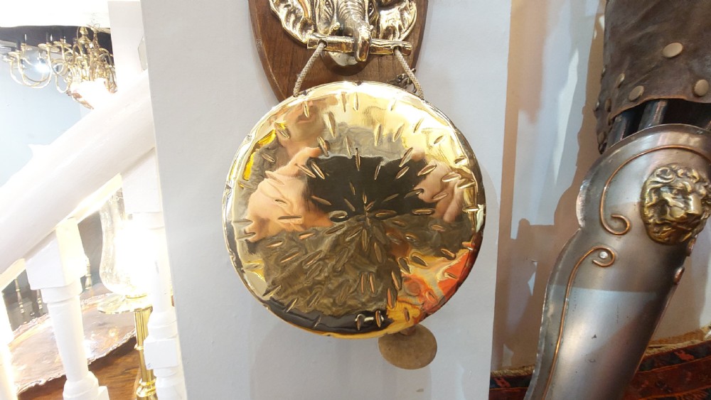 Early 20thC Brass and Oak Gong View IV