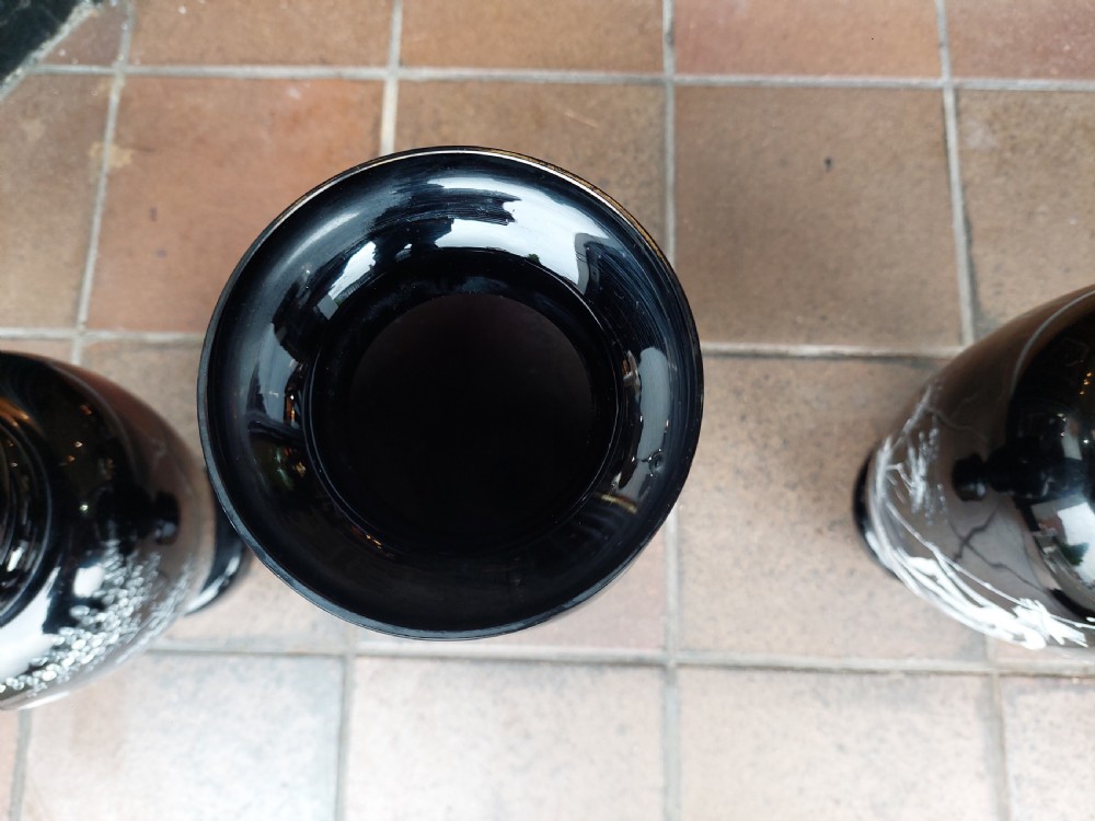 A set of three 19th-century black glass vessels decorated with hand-painted white enamel figures and landscapes. View III