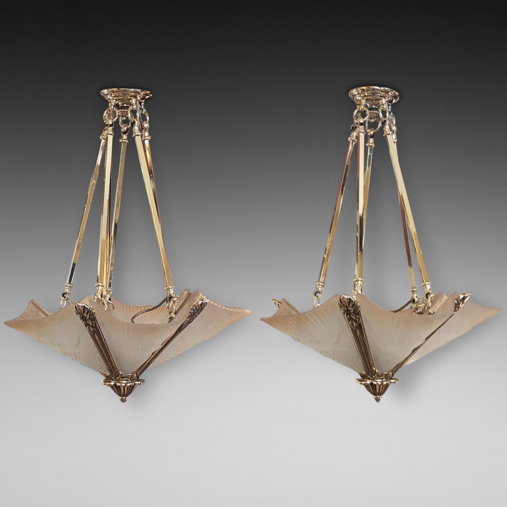Pair of Art Deco Brass an Smoked Glass Ceiling Fittings
