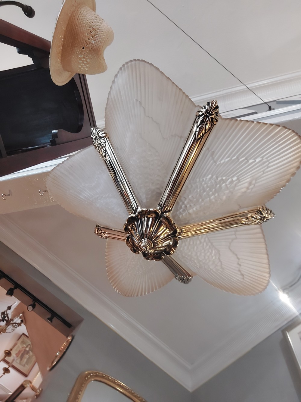 Pair of Art Deco Brass an Smoked Glass Ceiling Fittings View III