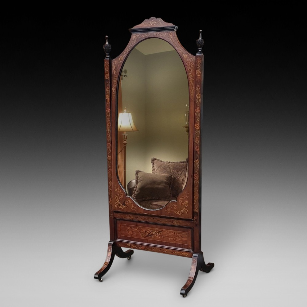 19thC Rosewood and Marquetry Inlaid Cheval Mirror