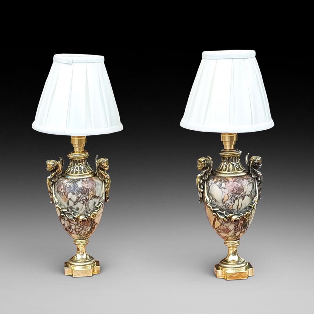 Pair of 19thC French Gilt Brass Mounted Marble Urns