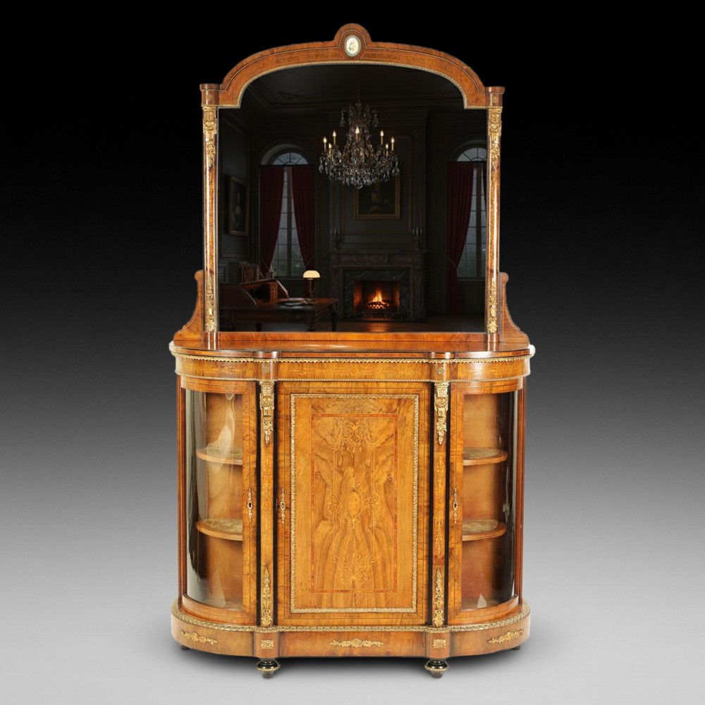 19thC Ormolu Mounted Figured Walnut Mirror Back Credenza 