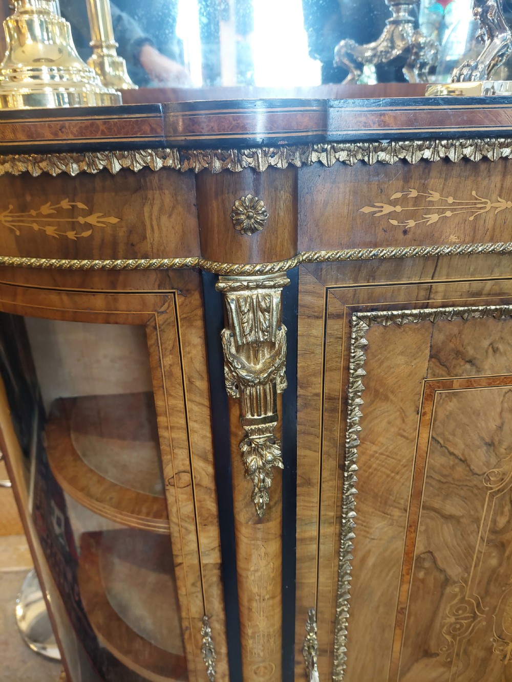 19thC Ormolu Mounted Figured Walnut Mirror Back Credenza  View III