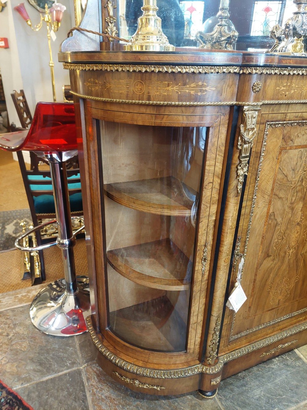 19thC Ormolu Mounted Figured Walnut Mirror Back Credenza  View V