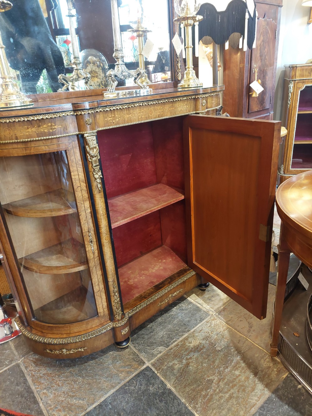 19thC Ormolu Mounted Figured Walnut Mirror Back Credenza  View IX