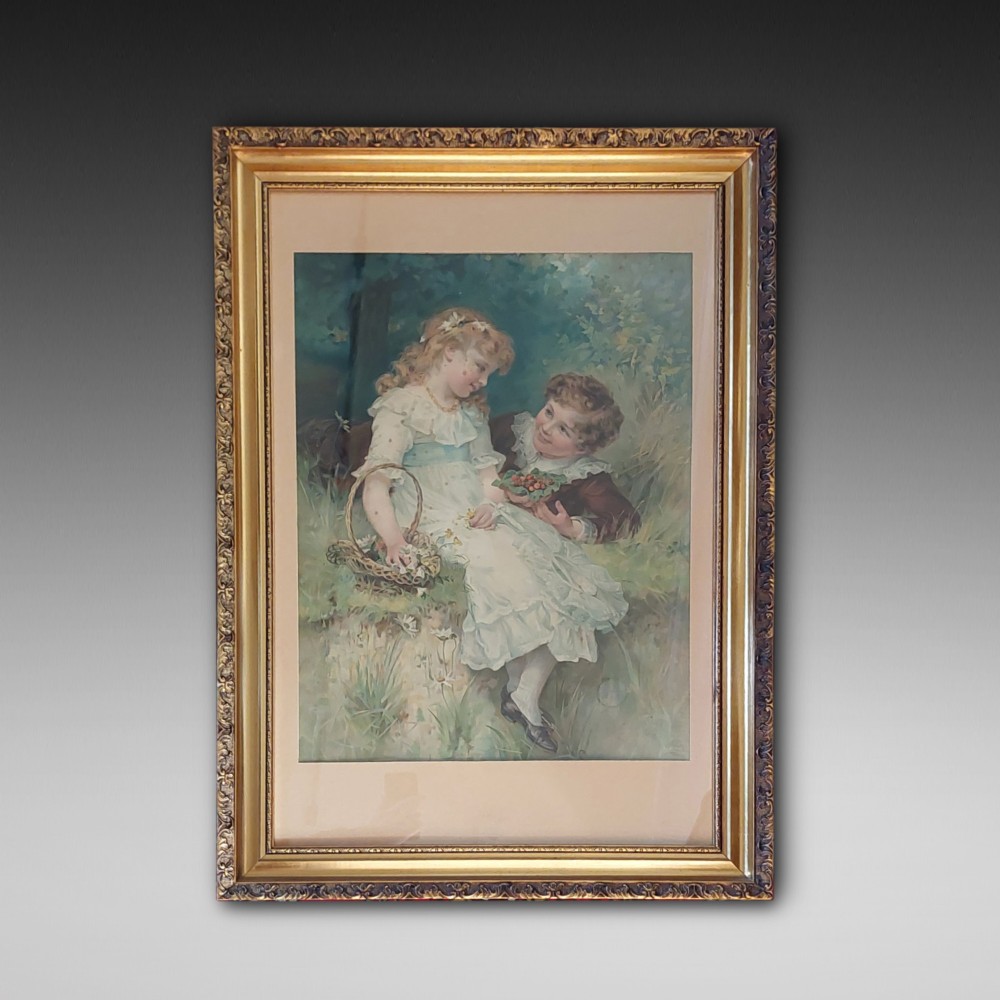 A framed Victorian print after Charles Burton Barber depicting two young children in a landscape setting within an ornate gilt frame.