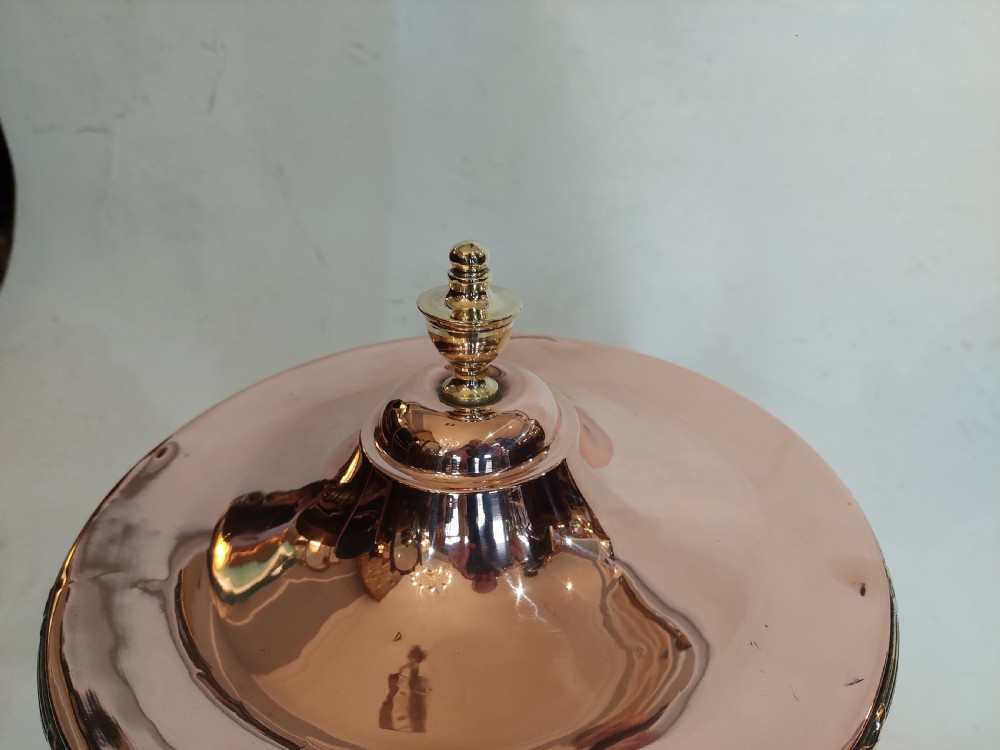 A cylindrical polished copper coal bucket featuring a fitted lid with a brass finial, side ring handles attached to lion mask mounts, and four detailed brass paw feet. View III