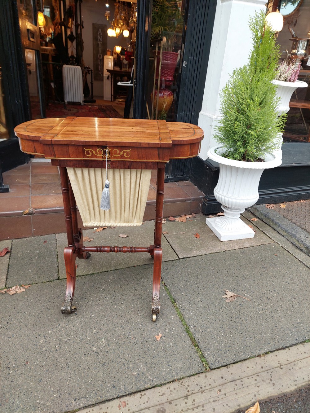 Late Regency Brass Inlaid Rosewood Games & Sewing Table View VIII
