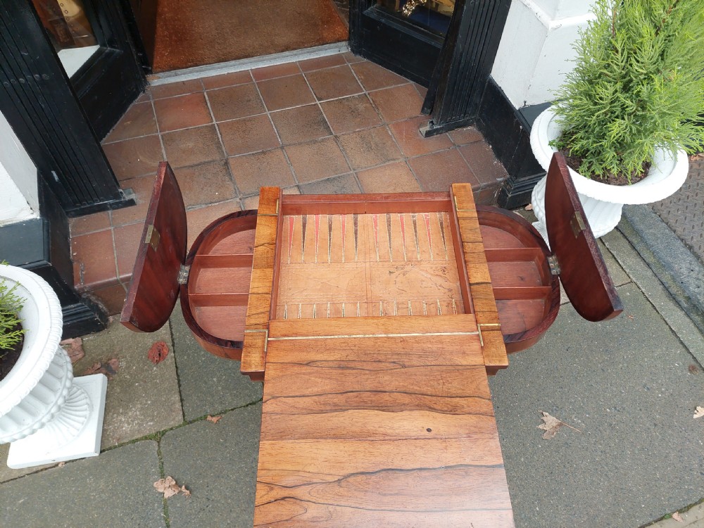 Late Regency Brass Inlaid Rosewood Games & Sewing Table View IX