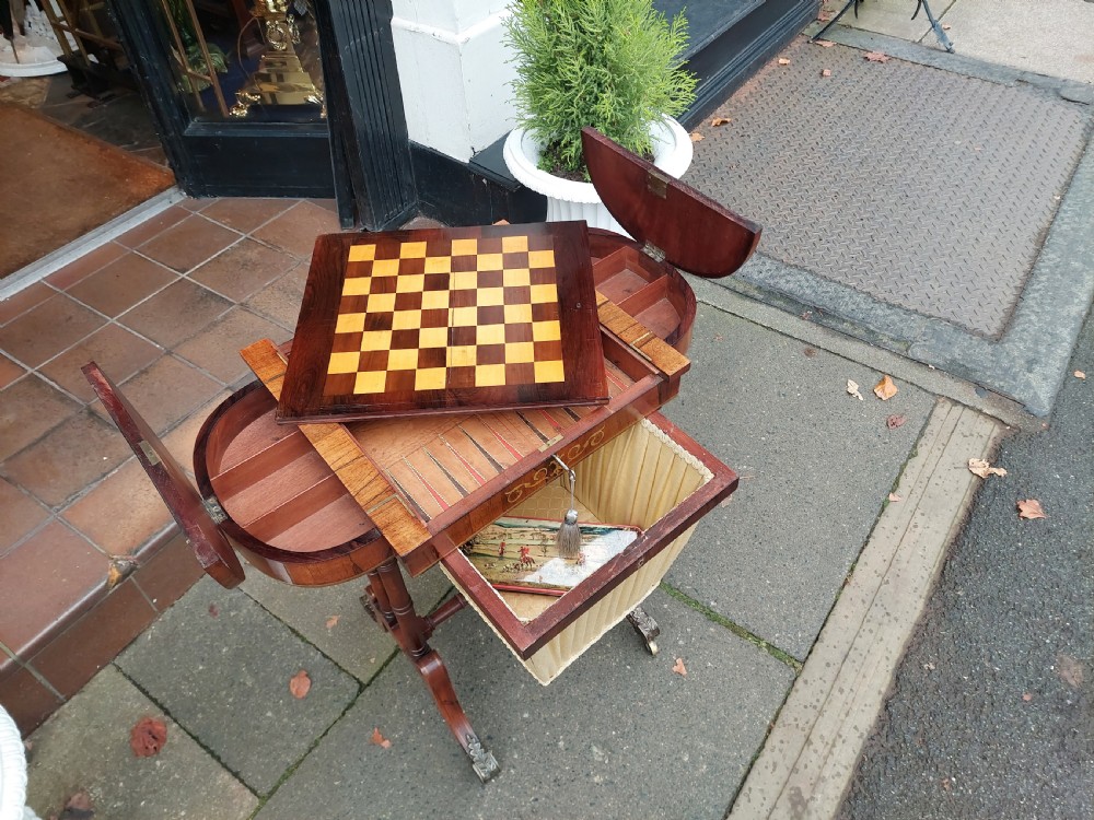 Late Regency Brass Inlaid Rosewood Games & Sewing Table View X
