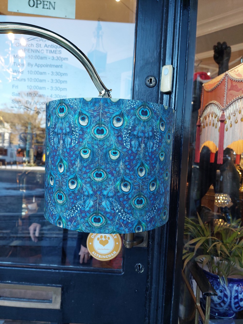 A tall silver-coloured metal standard lamp featuring a scrolled top arm, tripodal base, and a blue patterned fabric shade. View VII