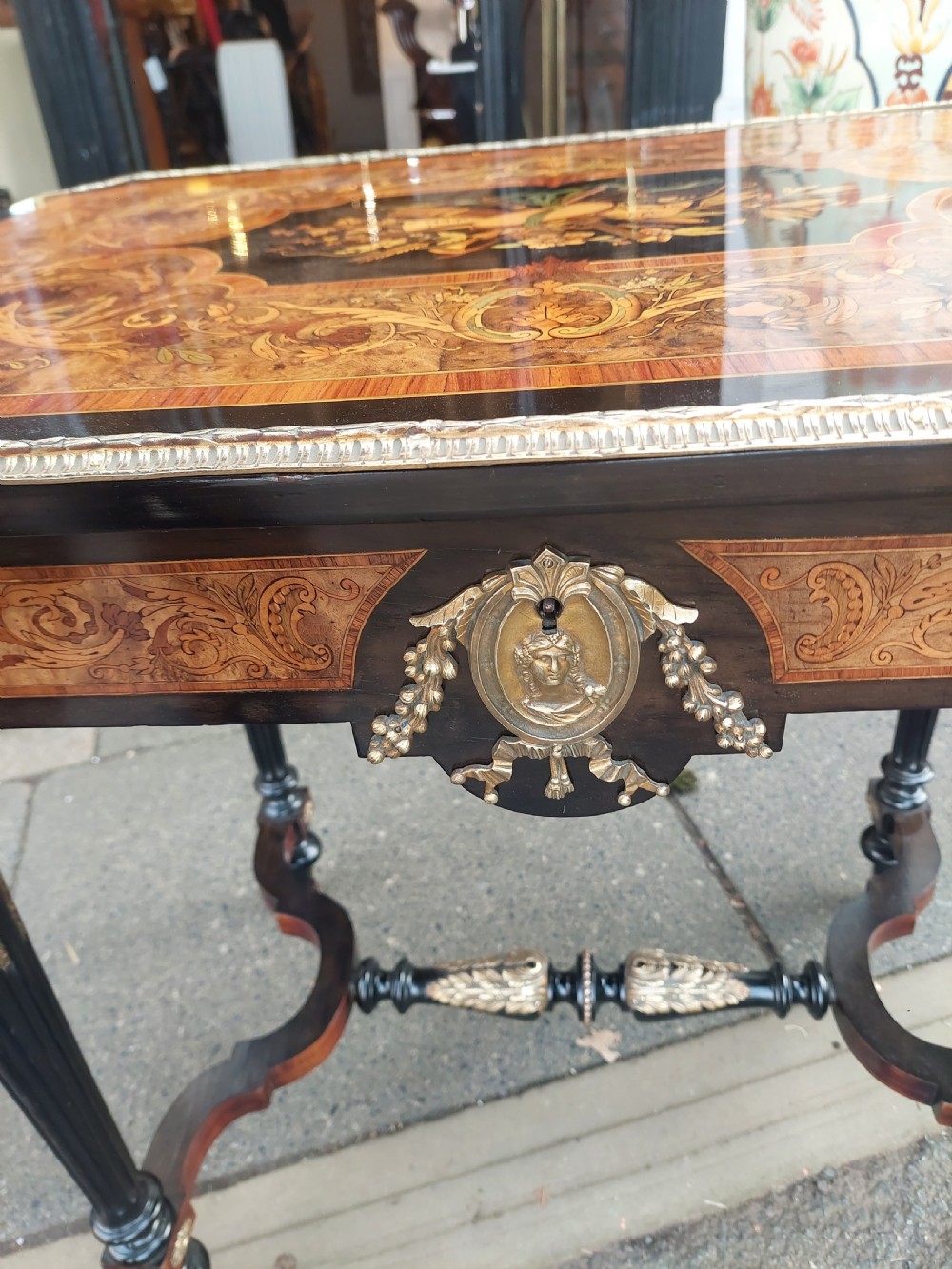 19thC Brass Mounted Marquetry & Ebony Table View II