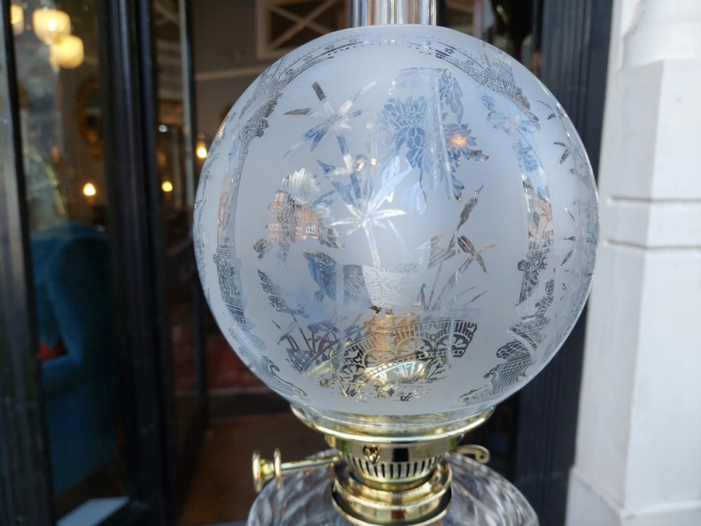 A Victorian brass oil lamp featuring a fluted Corinthian column base, a clear glass reservoir, and an etched spherical glass shade. View III