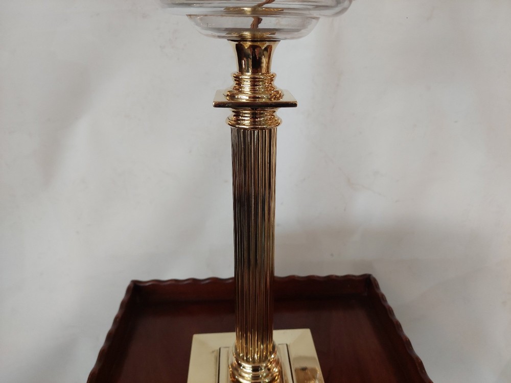 A late 19th-century brass table oil lamp featuring a reeded column, square base, clear glass reservoir, and an etched pink glass shade with a ruffled rim. View III