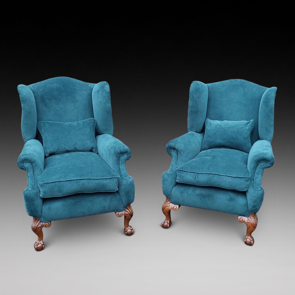 Pair of Late 19thC Chippendale Revival Wing Arm Chairs View II
