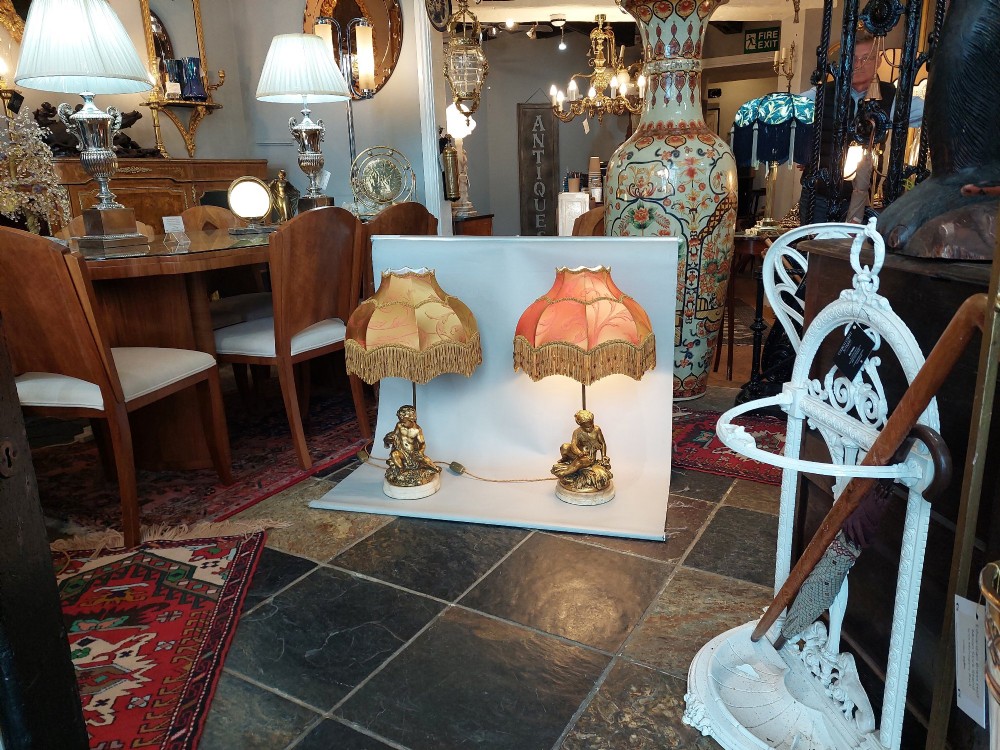 A pair of ornate table lamps featuring gilded cherub figures mounted on white alabaster bases, topped with fringed dome fabric shades. View VIII