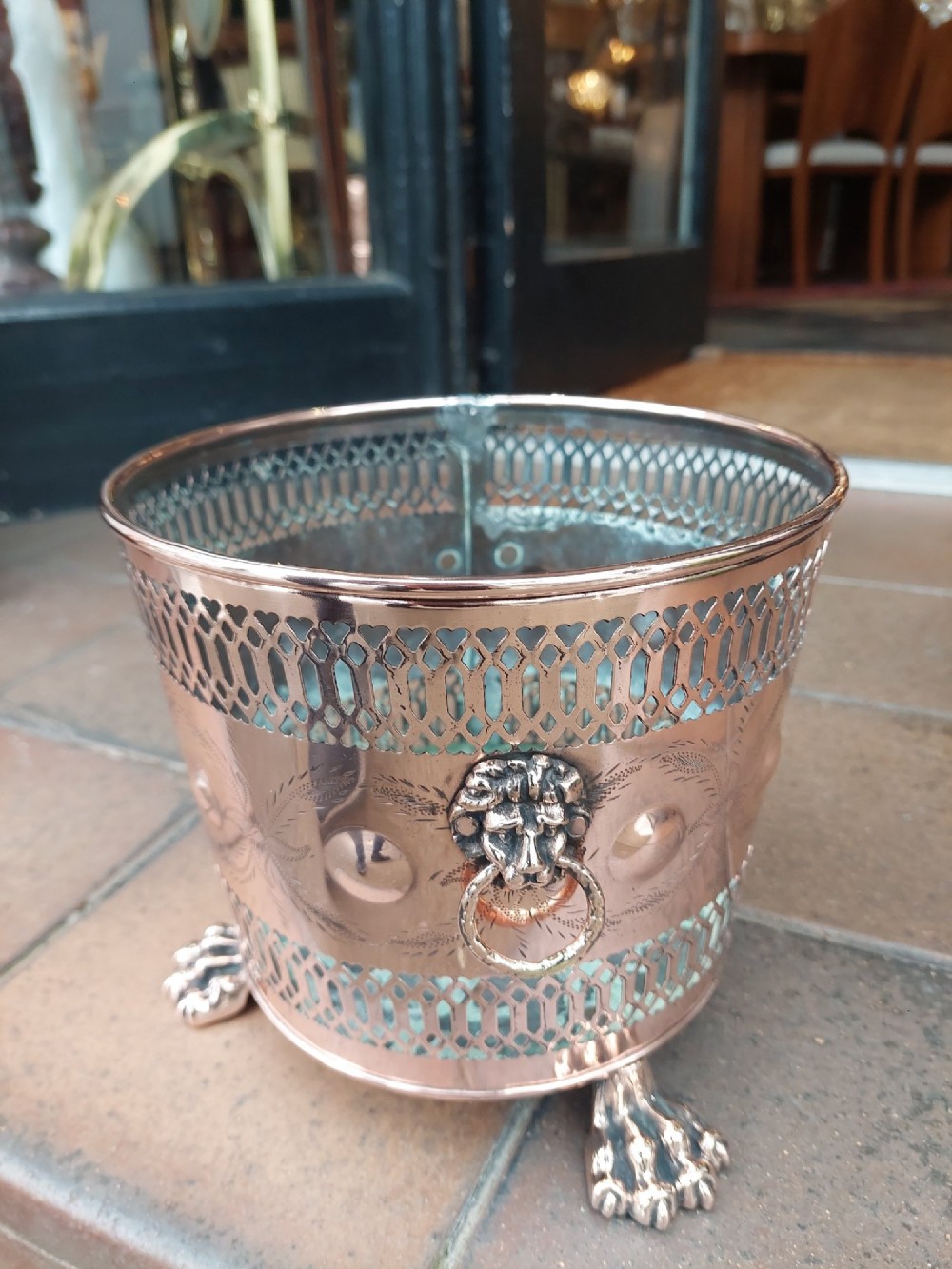 19thC Pierced Copper Cylindrical Planter View V