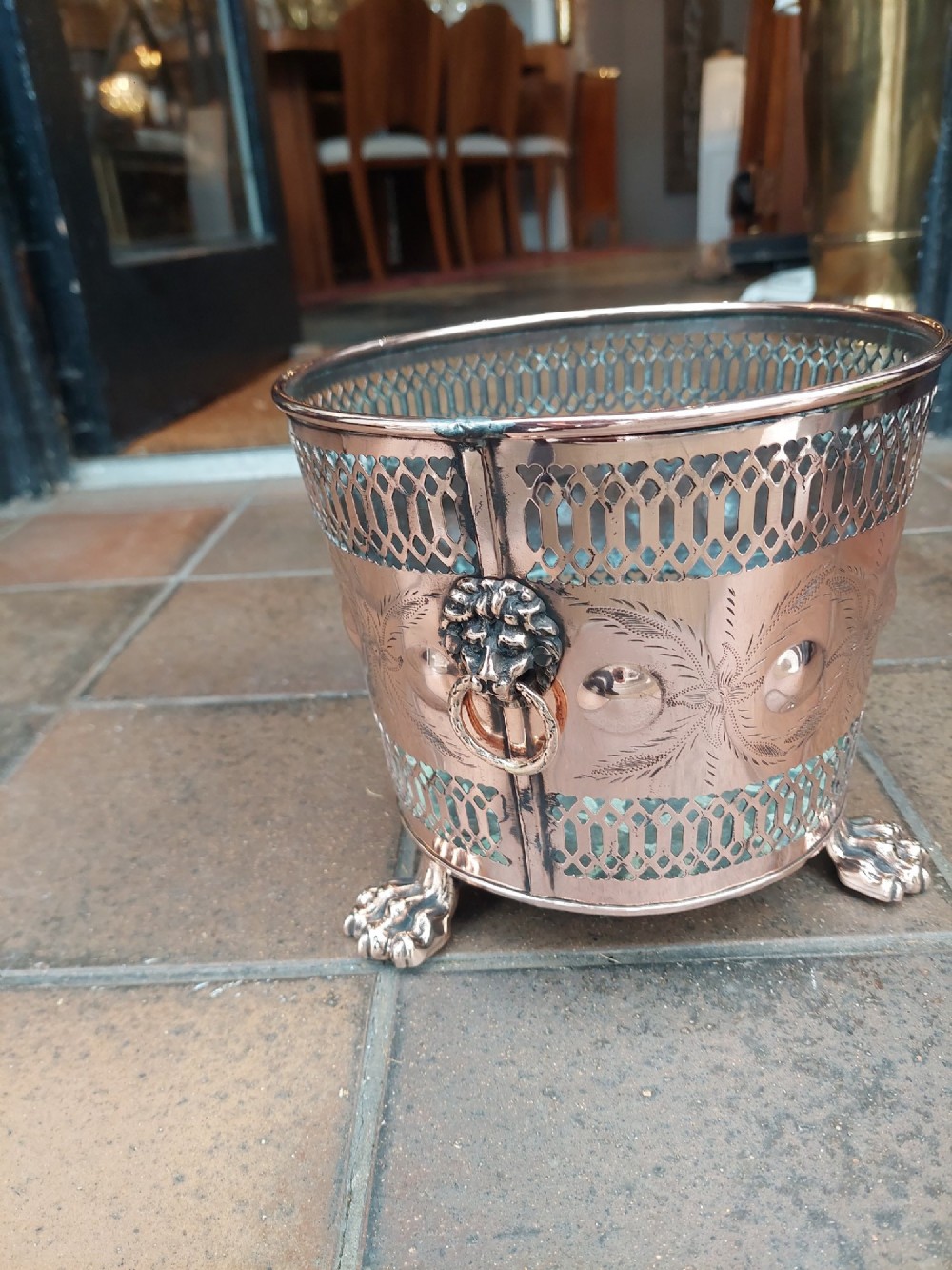 19thC Pierced Copper Cylindrical Planter View VIII