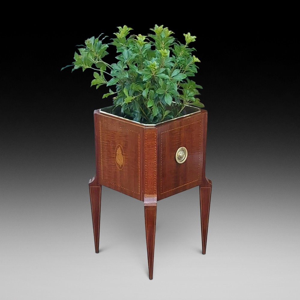 An Edwardian mahogany square jardiniere featuring satinwood line inlay, a marquetry shell motif, tapered square legs, and green foliage.