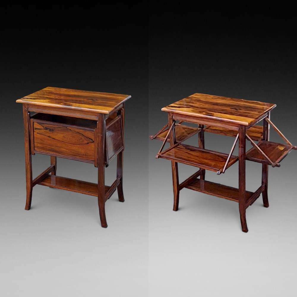 An Edwardian rosewood cake serving table featuring multiple drop-down folding side shelves and a polished rectangular top. View III
