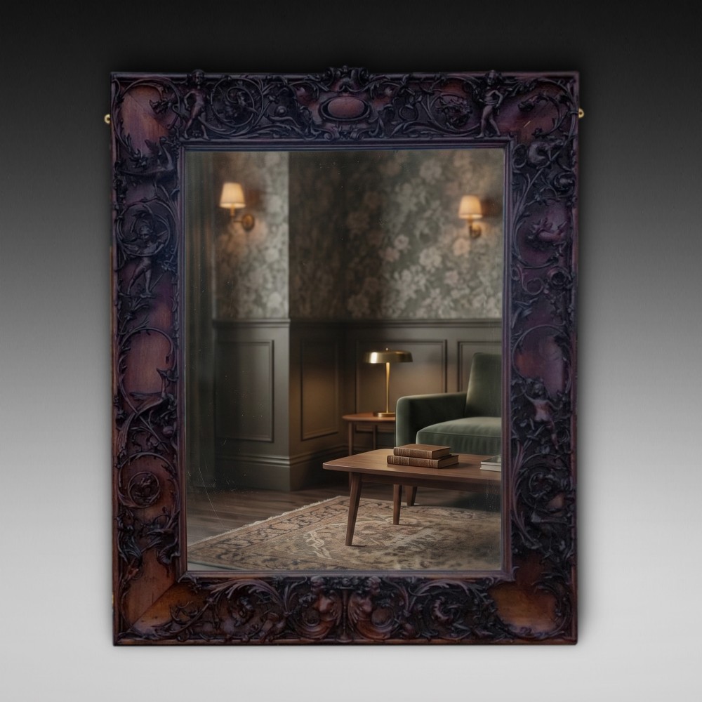 A large rectangular Victorian wall mirror set within a deeply carved dark walnut frame adorned with cherub figures and foliate relief details.
