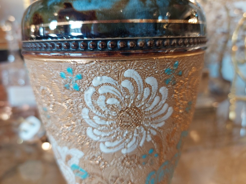 A pair of Royal Doulton Slaters Patent stoneware table lamps featuring patterned blue and gold ceramic bases paired with matching floral fringed fabric shades. View VI