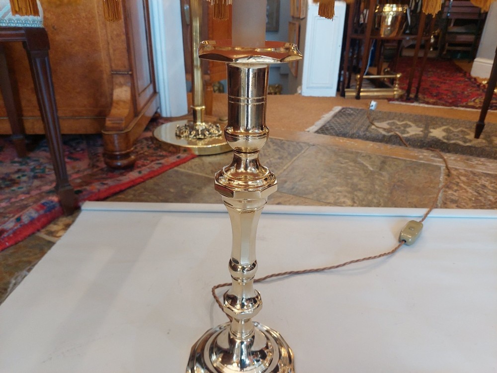 A Victorian turned brass candlestick table lamp featuring a rose pink embroidered lampshade with fringe and tassel trim. View III