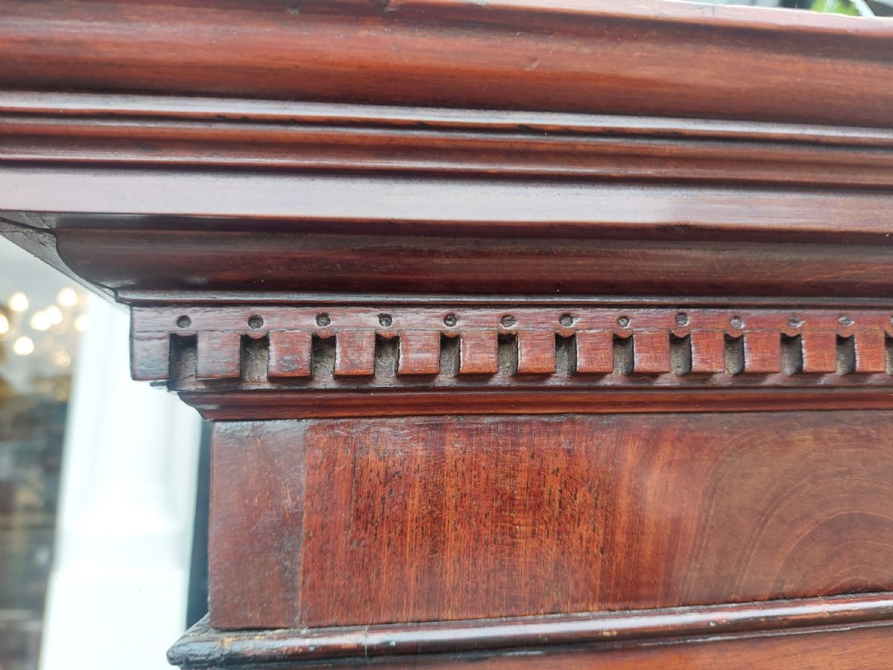 A late 18th-century Georgian mahogany tallboy chest on chest with brass swan-neck handles and bracket feet. View VI