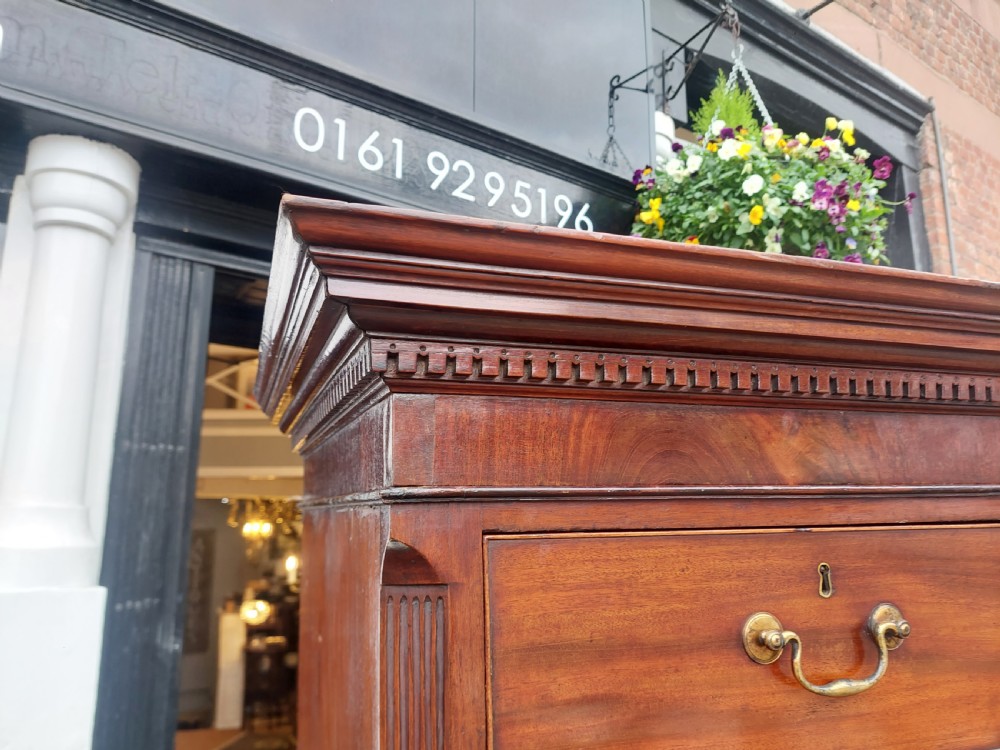A late 18th-century Georgian mahogany tallboy chest on chest with brass swan-neck handles and bracket feet. View XII