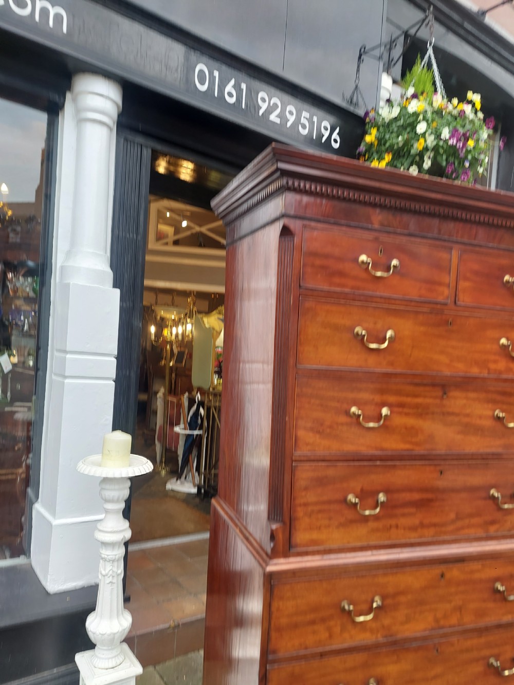 A late 18th-century Georgian mahogany tallboy chest on chest with brass swan-neck handles and bracket feet. View XIII