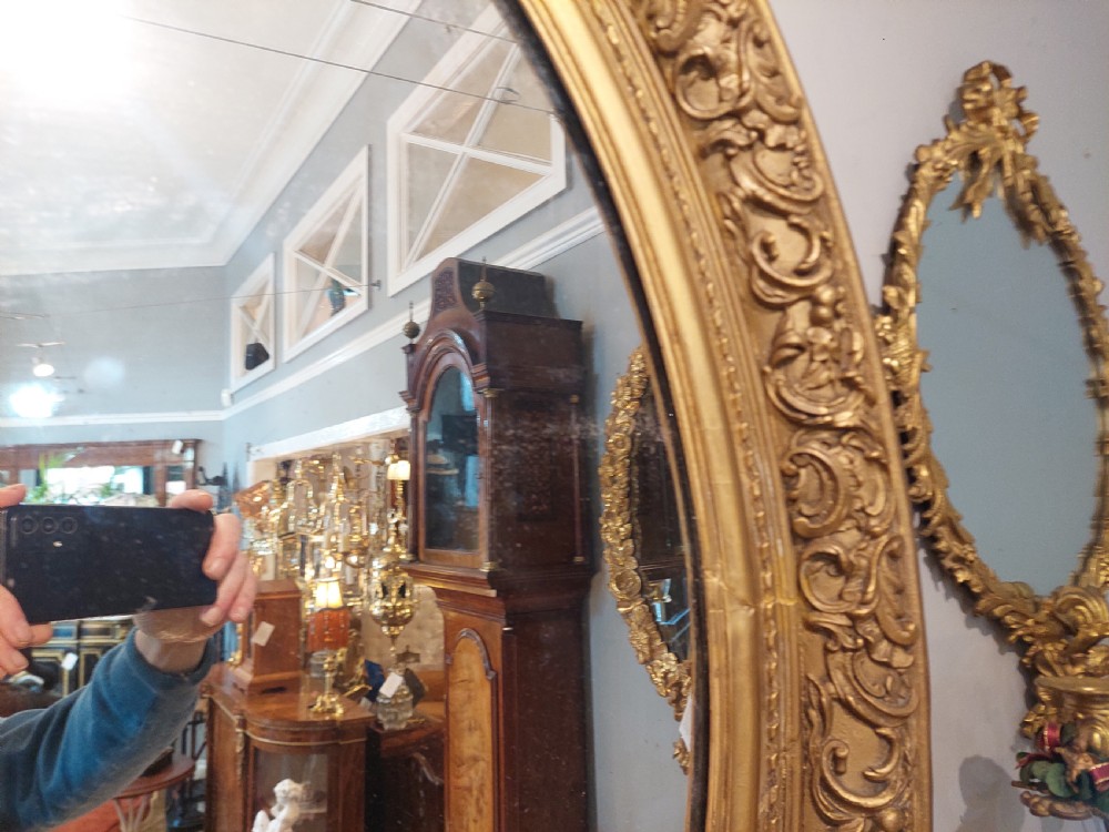 A nineteenth-century oval wall mirror featuring a heavily carved giltwood frame with floral and scrolling moulding details. View V