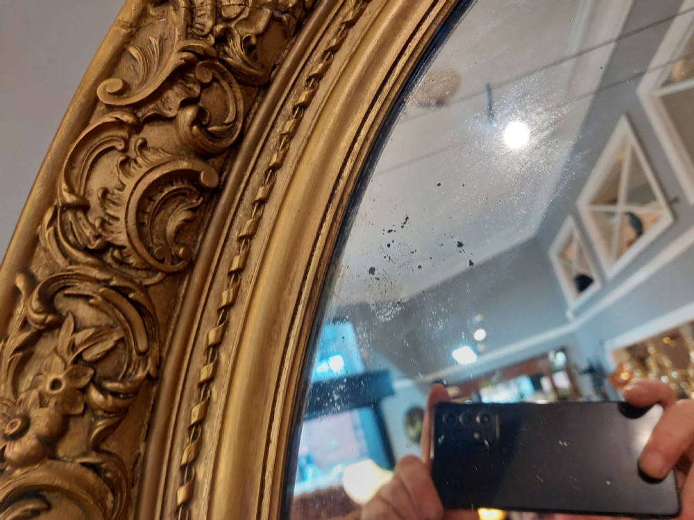 A nineteenth-century oval wall mirror featuring a heavily carved giltwood frame with floral and scrolling moulding details. View IX