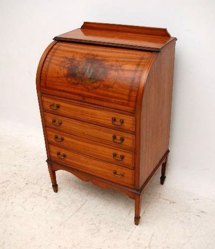 Antique Edwardian Inlaid & Painted Satin Wood Cylinder Top Bureau