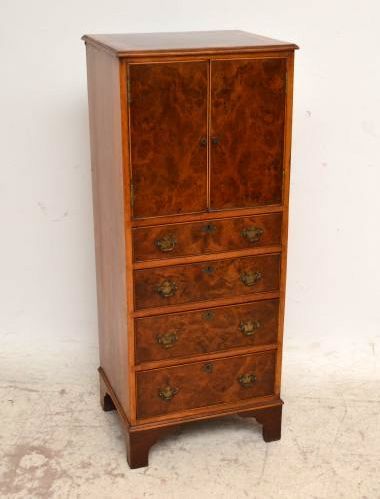 Slim Antique Edwardian Burr Walnut Cupboard on Chest