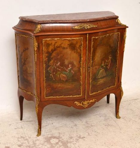 Antique French Vernis Martin Marble Top Painted Kingwood Cabinet