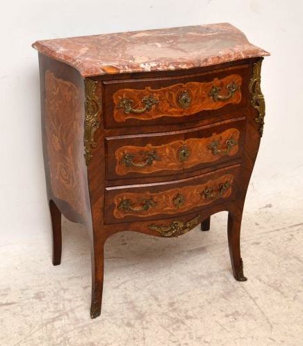 Small Antique French Inlaid Marble Top Bombe Commode