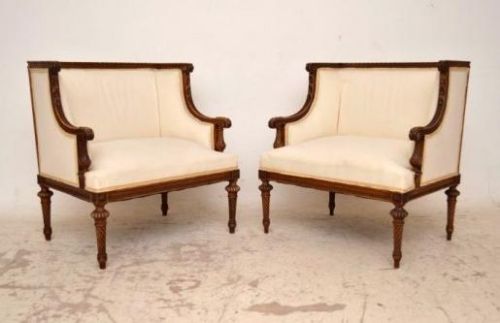 Pair of Antique French Carved Walnut Armchairs