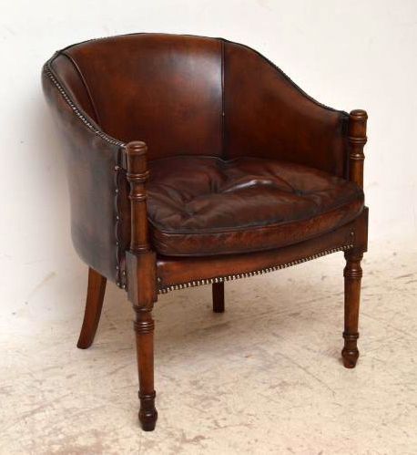 Antique Georgian Style Leather & Mahogany Tub Armchair
