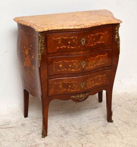 Small Antique French Marble Top Inlaid Bombe Chest