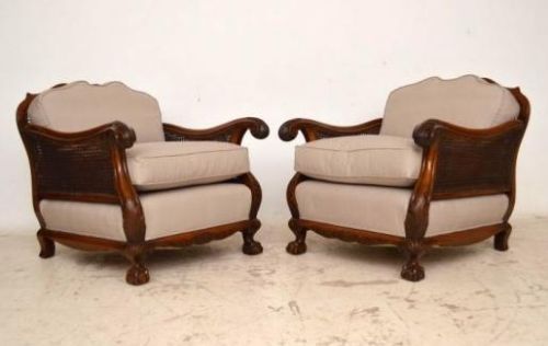 Pair of Antique Solid Walnut Bergere Armchairs