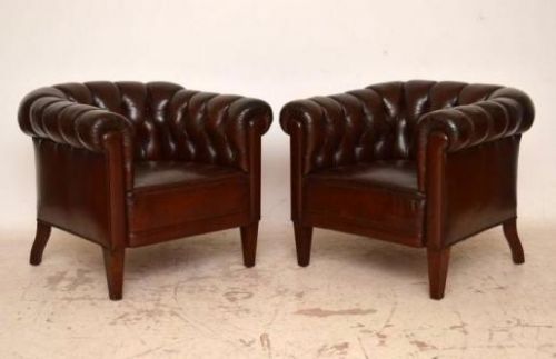 Pair of Antique Swedish Leather Club Armchairs